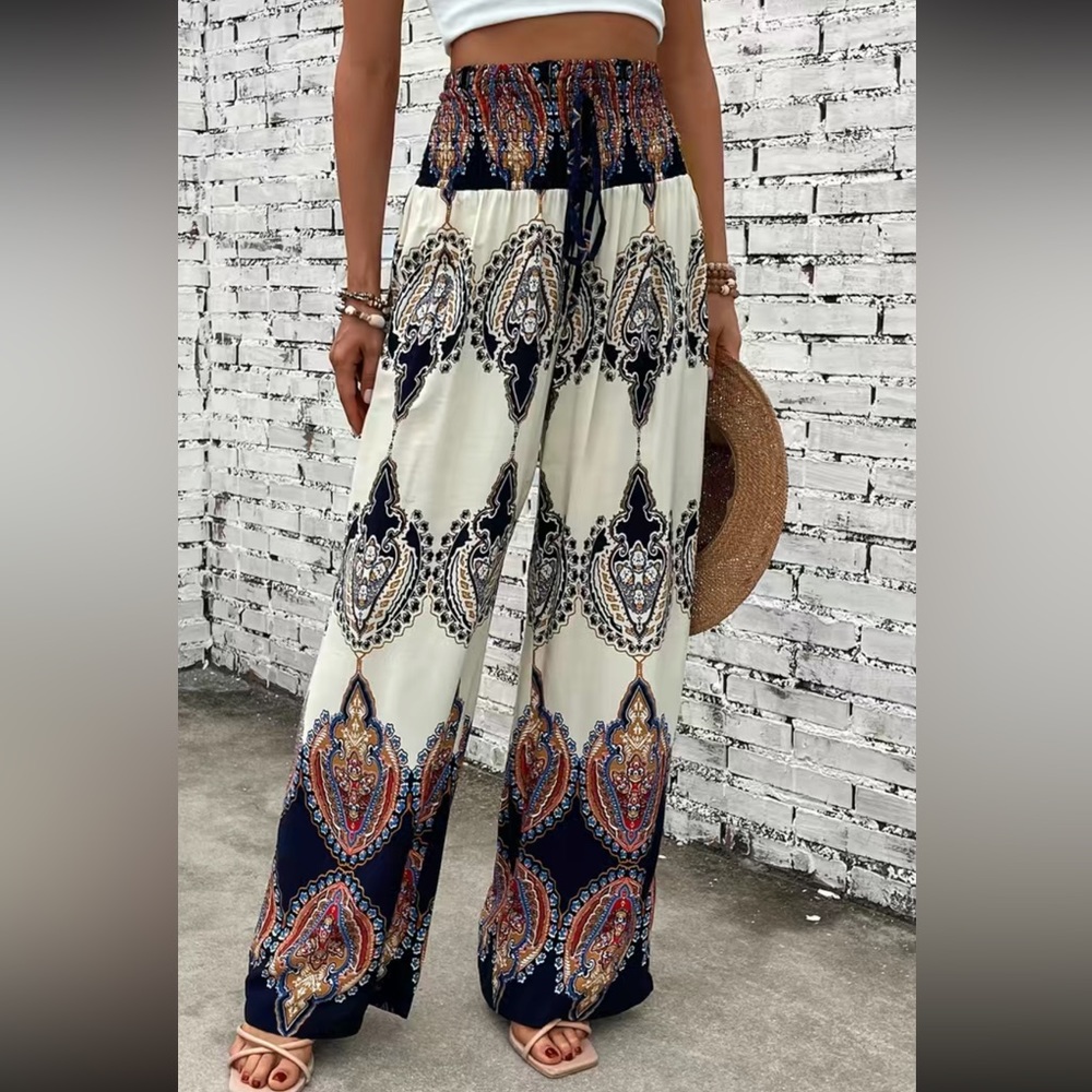 Plus size boho  paisley floral print belted wide leg pants - Picture 4 of 6